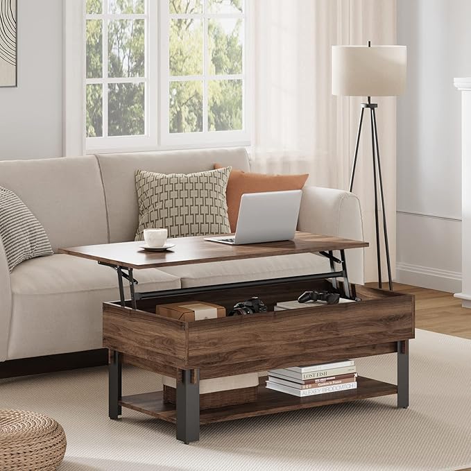 Novilla Modern Lift Top Coffee Table with Storage for Living Room Wodden Lift Tabletop Dining Table with Hidden Compartment and Metal Frame 40 Inch, Walnut - LeafyLoom