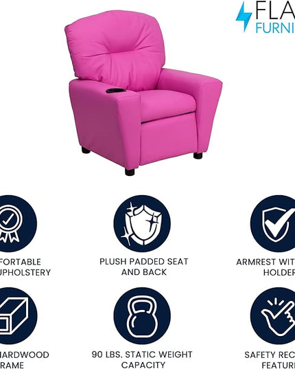 Flash Furniture Chandler Vinyl Kids Recliner with Cup Holder and Safety Recline, Contemporary Reclining Chair for Kids, Supports up to 90 lbs., Hot Pink - LeafyLoom