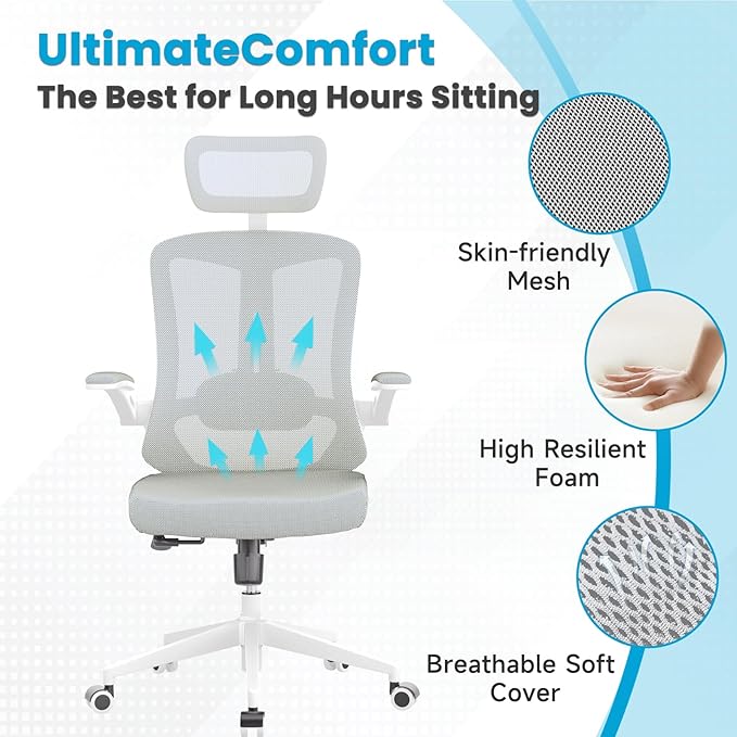 Ergonomic Office Chair - Comfy Desk Chairs with Wheels and Arms, 500LB Heavy Duty Mesh Computer Chairs with Comfortable Head Lumbar Back Support for Office, Study, College Dorm and Bedroom - LeafyLoom