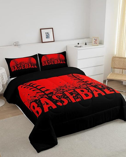 Baseball Comforter Set Queen Size Kids Red Black Sports Quilt Bedding Set For Boys Girls,Reversible Black Bedding Comforter Sets Soft Lightweight For All Season,1 Comforter And 2 Pillow Cases - LeafyLoom