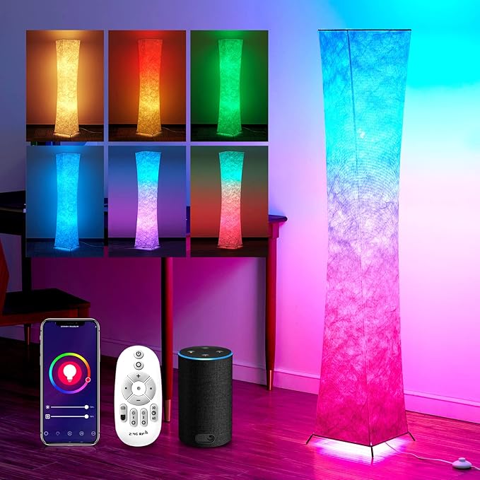 chiphy Floor Lamp, 61" Tall Lamps, 7 Colors Changing and Dimmable RGB LED Bulbs, Remote Control and White Fabric Shade, Cool for Living Room, Bedroom and Play Room - LeafyLoom