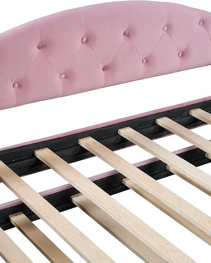Twin Size Velvet Tufted Upholstered Daybed with Trundle, Modern Solid Wood Sofa Bed w/USB & Type-C Charging Ports, for Bedroom Living Room, No Box-spring Needed, Pink - LeafyLoom