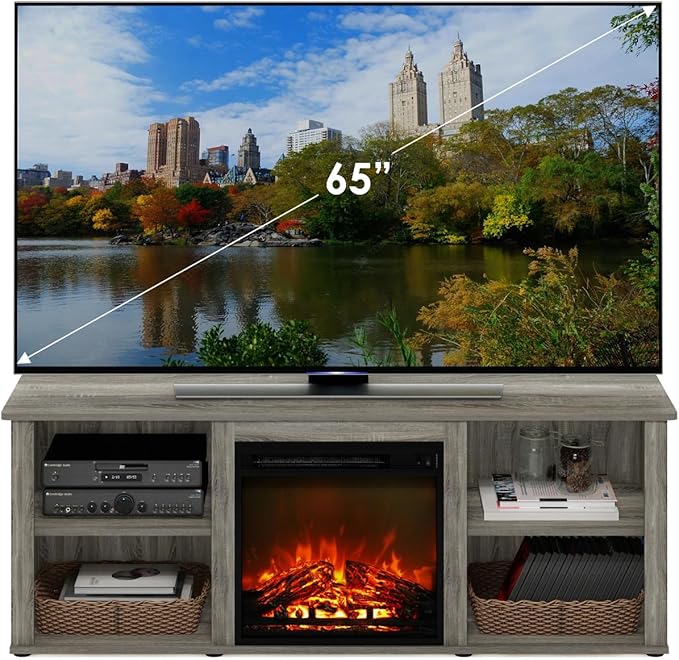 Furinno Classic 60 Inch TV Stand with Fireplace, French Oak Grey - LeafyLoom