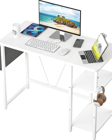 Computer Desk, 39.3” Home Office Desks, Modern Small Desk for Bedroom, Gaming Desk with Iron Hook and Height Adjustable Feet, Sturdy Student Writing Desk with Storage Bag, Storage Shelves - LeafyLoom