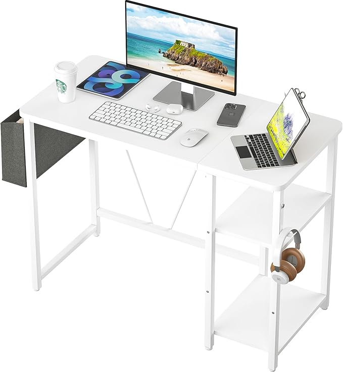 Computer Desk, 39.3” Home Office Desks, Modern Small Desk for Bedroom, Gaming Desk with Iron Hook and Height Adjustable Feet, Sturdy Student Writing Desk with Storage Bag, Storage Shelves - LeafyLoom