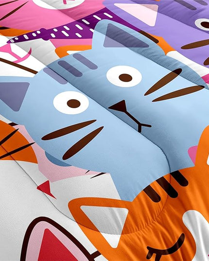 Cat Full Comforter Set for Bedroom - 3Pcs Colorful Cat Comforter Set for Teens Kids Cute Cartoon Cat Bedding Set Ultra Soft Warm Lightweight Kawaii Animal Patterns Comforter with 2 Pillowcases - LeafyLoom