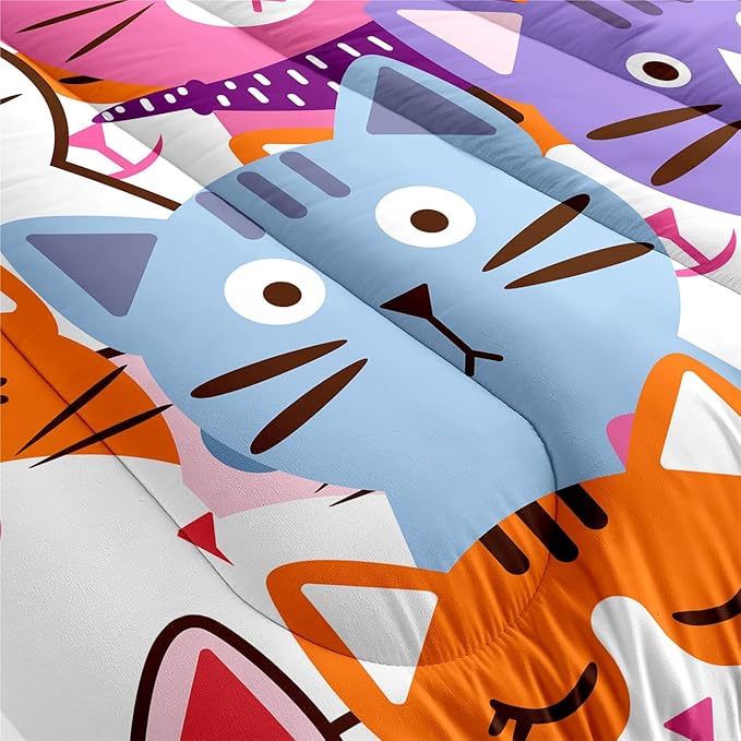 Cat Full Comforter Set for Bedroom - 3Pcs Colorful Cat Comforter Set for Teens Kids Cute Cartoon Cat Bedding Set Ultra Soft Warm Lightweight Kawaii Animal Patterns Comforter with 2 Pillowcases - LeafyLoom
