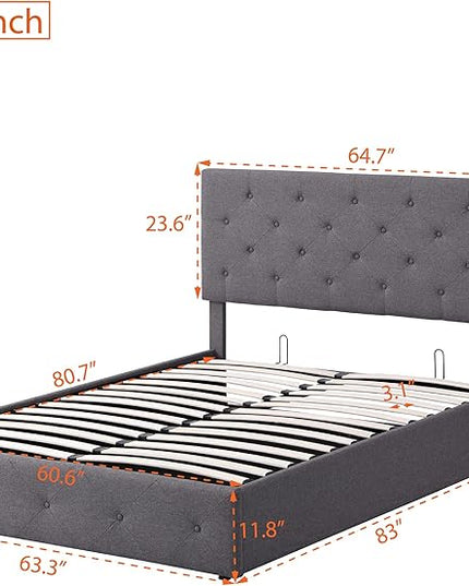 Queen Size Upholstered Platform Bed with Hydraulic Storage System, Lift Up Storage Bed Full Size with Headboard and Button Tufted, Wooden Bedframe for Teens Adults - LeafyLoom