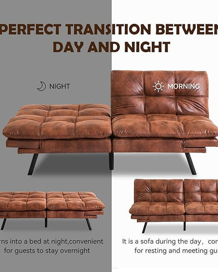 Futon Sofa Bed, Memory Foam Futon Sleeper Sofa Loveseat Convertible Couch Bed for Small Compact Living Spaces,Apartment,Brown Leather - LeafyLoom