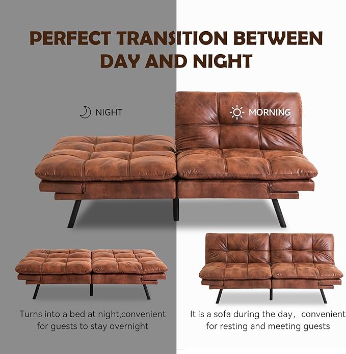 Futon Sofa Bed, Memory Foam Futon Sleeper Sofa Loveseat Convertible Couch Bed for Small Compact Living Spaces,Apartment,Brown Leather - LeafyLoom