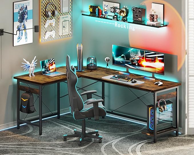 Coleshome 66" L Shaped Larger Gaming Desk, Corner Computer Desk, Sturdy Home Office Computer Table, Writing Workstation, Vintage - LeafyLoom