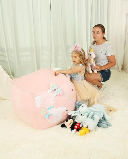 Kids Bean Bag Chairs Pink, Poodle Toy Organizers and Storage for Girls Bedroom, Velvet Fabric Super Soft Extra Large Cover Only - LeafyLoom