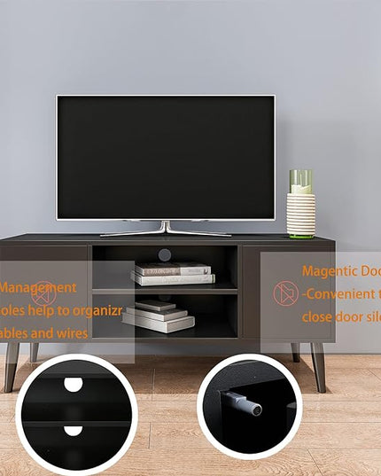Yusong Retro TV Stand for 55 Inch TV, Entertainment Centers for Living Room Bedroom, Wood TV Bench Table TV Console TV Cabinet with 2 Storage Cabinets and Open Shelves, Black - LeafyLoom