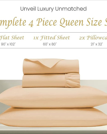 1000 TC Egyptian Cotton Sheets Queen Size - Luxury & Cooling Bedsheets for Hot Sleepers - Breathable, Sateen Weave, 18" Deep Pocket Fitted Sheet - 4 Piece Egyptian Hotel Sheets for Queen Bed (Sand) - LeafyLoom