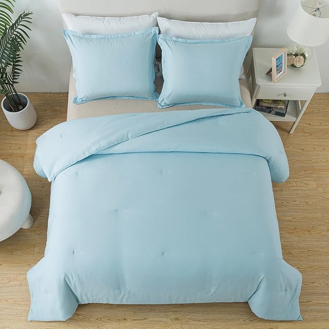 Queen Baby Blue Comforter Set, Solid Lightweight Skin-friendly Boho Bedding Set & Collections, Breathable Fluffy Microfiber 3 PCS (90"x90") Comforter Set for All Seasons with Pillowcases - LeafyLoom