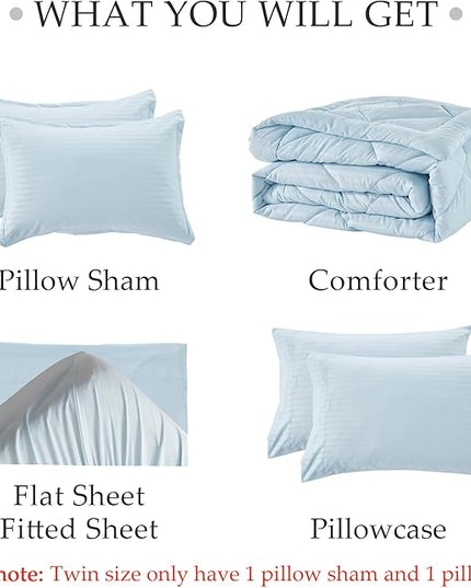 NexHome Light Blue King Bed in a Bag 7-Pieces Comforter Sets with Comforter and Sheets Soft All Season Bedding Sets with Comforter, Pillow Shams, Flat Sheet, Fitted Sheet and Pillowcases - LeafyLoom