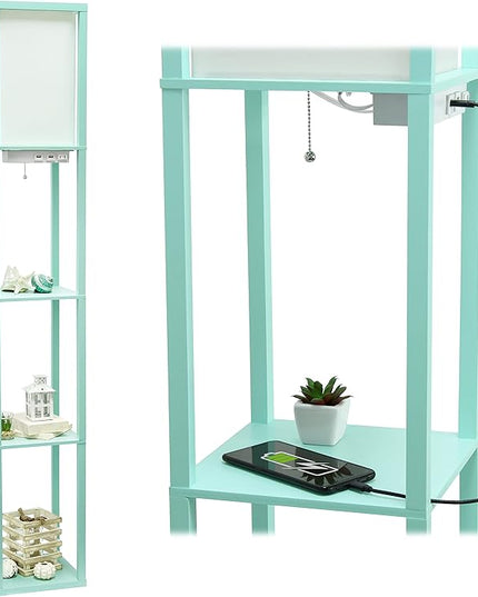 Simple Designs LF1037-AQU Floor Lamp Etagere Organizer Storage Shelf with 2 USB Charging Ports, 1 Charging Outlet and Linen Shade, Aqua - LeafyLoom