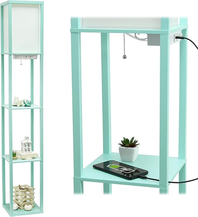 Simple Designs LF1037-AQU Floor Lamp Etagere Organizer Storage Shelf with 2 USB Charging Ports, 1 Charging Outlet and Linen Shade, Aqua - LeafyLoom
