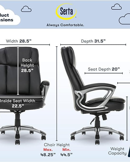 Serta Fairbanks Big and Tall High Back Executive Office Ergonomic Gaming Computer Chair with Layered Body Pillows, Contoured Lumbar Zone, Black - LeafyLoom