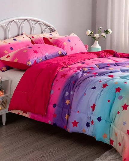 Full Comforter Set for Girls Rainbow Bedding Set 3 Pieces with Multicolor Stars Pink Comforter Set Full Size with Pillowcase for Kids, Teenagers - LeafyLoom