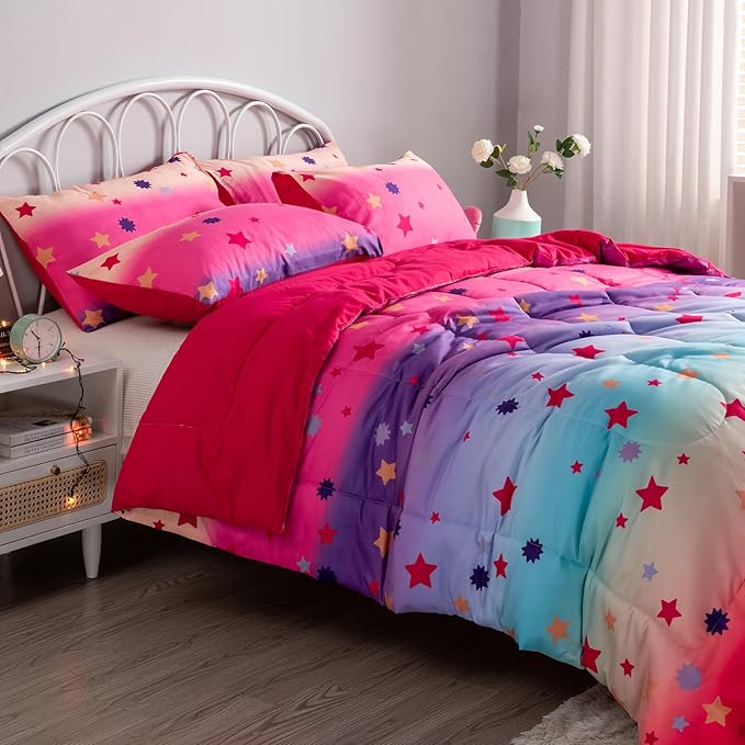 Full Comforter Set for Girls Rainbow Bedding Set 3 Pieces with Multicolor Stars Pink Comforter Set Full Size with Pillowcase for Kids, Teenagers - LeafyLoom