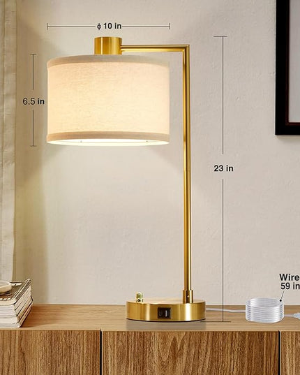 Luvkczc Table Lamp for Bedroom Set of 2 with USB C+A Ports, Fully Stepless Dimmable Bedside Lamp with Linen Lampshade, Nightstand Lamp for Living Room Reading Office, 2 LED Bulbs Included (Gold) - LeafyLoom