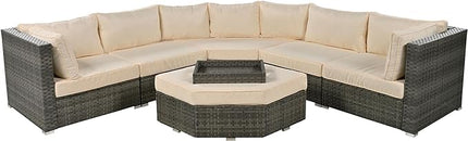 Patio 7-Piece Set, Half-Moon Curved Sectional Sofa Outdoor Rattan Furniture with Ottoman and No-Slip Cushions for Balcony, Porch, Garden, Zc-Beige - LeafyLoom