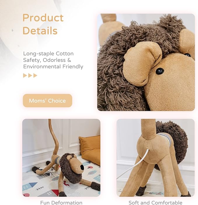 Kids Floor Lamp, Brown Lion Creative Design Modern Floor Lamp for Bedroom, 51 Inch Hand-Stitched Toy Standing Lamp for Living Room, Package Come with an E26 LED Bulb (Brown Lion) - LeafyLoom