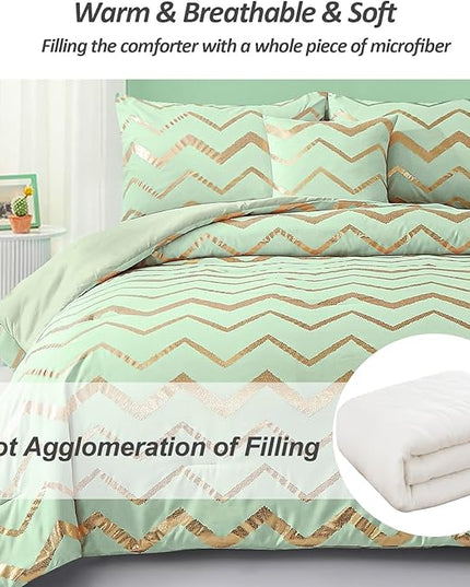 Sage Green/Gold Comforter Set Queen, Metallic Print Glitter Bedding Set Cute Shinny Bed Sets for Teen Girls Kids Women, 4 Piece (2 Pillowcases, 1 Decorative Pillow Sham) - LeafyLoom