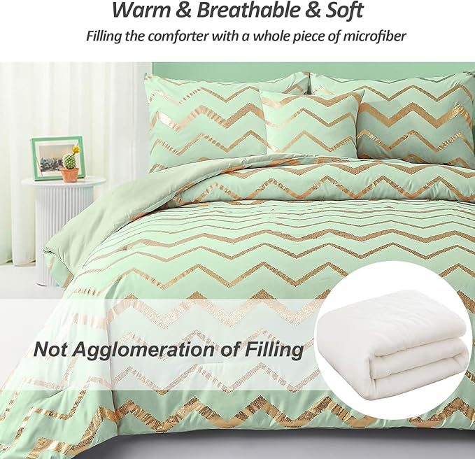 Sage Green/Gold Comforter Set Queen, Metallic Print Glitter Bedding Set Cute Shinny Bed Sets for Teen Girls Kids Women, 4 Piece (2 Pillowcases, 1 Decorative Pillow Sham) - LeafyLoom