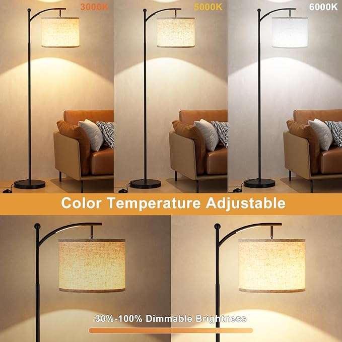 Ambimall Floor Lamp with Remote Control and Stepless Dimmable Bulb, Colors Temperature & Brightness Adjustable, Modern Floor Lamps for Living Room（Beige Shade & Black Pole） - LeafyLoom