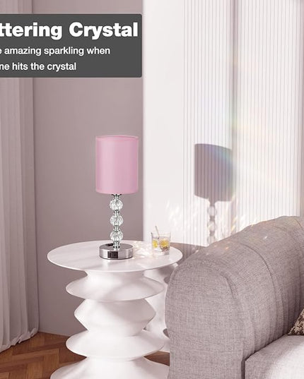 Pink Touch Bedside Lamps for Bedrooms - Crystal Table Lamp with USB C+A Charging Port and AC Outlet Nightstand, 3 Way Dimmable Silver Small End Side Table Lamp for Living/Guest/Dinning Room/Kitchen - LeafyLoom