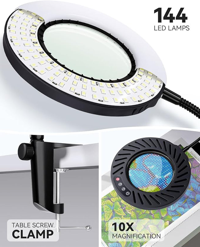 ARTDOT 10X Magnifying Glass with Light and Stand, 144 LEDs Desk Lamp with 5 Color Temperatures and 9 Levels Adjustable Brightness for Diamond Painting Accessories Crafts Reading Hobbies Close Work - LeafyLoom