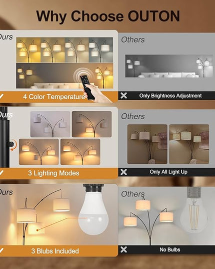 OUTON Arc LED Floor Lamp with Remote Control, Dimmable Modern Black 3 Light Arched Tall Floor Lamp, Mid Century Adjustable Standing Corner Lamps for Bedroom, Office, Living Room, Beige Lampshade - LeafyLoom