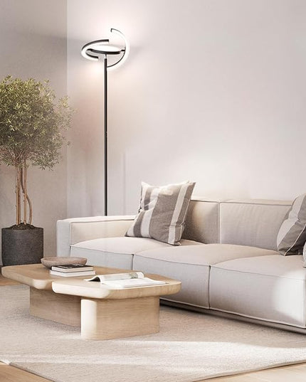 FIMEI Modern Black Metal Saturn Ring LED Floor Lamp, Stepless Dimming and Color Temperature Adjustment, Rotatable Lamp Head, Independent Control of Upwards Round Light and Outer Ring Light - LeafyLoom