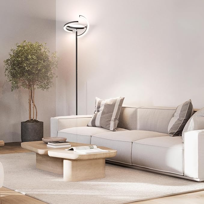 FIMEI Modern Black Metal Saturn Ring LED Floor Lamp, Stepless Dimming and Color Temperature Adjustment, Rotatable Lamp Head, Independent Control of Upwards Round Light and Outer Ring Light - LeafyLoom