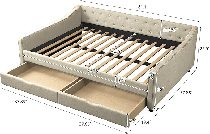 Full Size Daybed with Drawers, Linen Upholstered Tufted Sofa Bed Frame with Button on Back, Waved Shape Arms, Wooden Slats Support, Space-Saving for Apartment,Bedroom, Beige - LeafyLoom