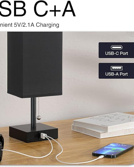 aooshine Table Lamps Set of 2 - Black, USB A and USB C Charging, Pull Chain Control, Bulb NOT Included, Small - LeafyLoom