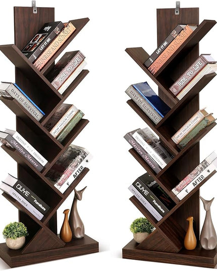 BATHWA Set of 2 Tree Bookshelves, Double 8 Shelf Tree Bookcases, Narrow I Shaped Book Shelves for Home Office, Rustic Wood Open Shelf Organizer Racks for Book CDs Magazines - LeafyLoom