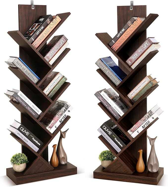 BATHWA Set of 2 Tree Bookshelves, Double 8 Shelf Tree Bookcases, Narrow I Shaped Book Shelves for Home Office, Rustic Wood Open Shelf Organizer Racks for Book CDs Magazines - LeafyLoom