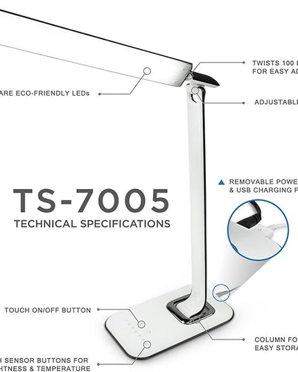 LED Desk Lamp With USB Charging Port Dimmable Touch Controls w/Color Adjustment, Eye Care Task Lamp, 5W, 1000 Lux,Multicolor - LeafyLoom