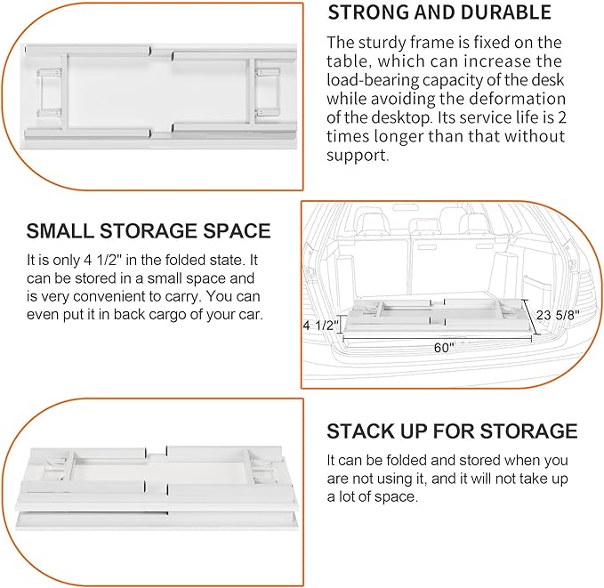 Need Home Office Desk Large Computer Desk 60 inch Sturdy Table Foldable Desk Gaming Computer Table No Assembly Required, White&White Frame AC5DW(152.4 * 60) - LeafyLoom