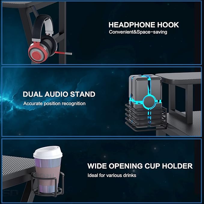 Gaming Desk, Computer Desk with Large Monitor Stand and Open Shelf,Gamer Table Workstation with Cup Holder, Headphone Hook, 2 Speaker Stand for Home Office (Black Carbon Fiber) - LeafyLoom