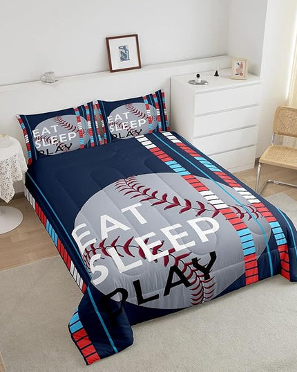 Feelyou Baseball Comforter Set Sports Game Bedding Set for Boys Girls Baseball Gaming Blue Stripe Comforter Gift for Baseball Softball Lover Room Decor Queen Size Quilt Boys - LeafyLoom