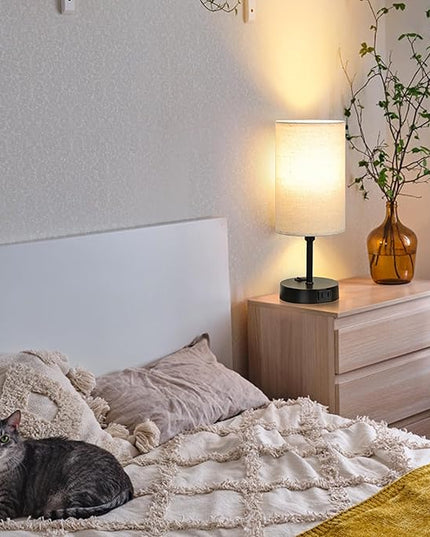 GGOYING Bedside Table Lamp,3-Way Dimmable Bedside Lamps 2700K 3500K 5000K with AC Outlet,Beige Cylindrical Lampshade for Livingroom Office Reading Working Kid - LeafyLoom