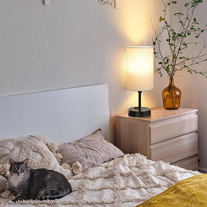 GGOYING Bedside Table Lamp,3-Way Dimmable Bedside Lamps 2700K 3500K 5000K with AC Outlet,Beige Cylindrical Lampshade for Livingroom Office Reading Working Kid - LeafyLoom