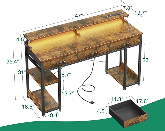 AODK 48 inch Computer Desk with 3 Drawers, Gaming Desk with LED Lights & Power Outlets, Home Office Desk with Storage Shelves & Monitor Stand, Modern Work Study Writing Table for Small Spaces, Vintage - LeafyLoom