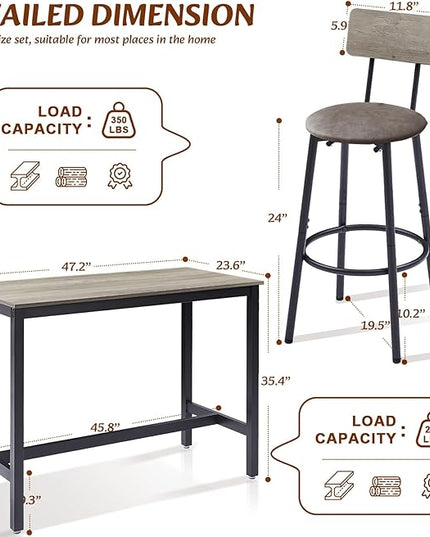 Dining Table Set for 4 Bar Table and Chairs Set, Industrial Counter Height Bar Table Set with 4 PU Upholstered Seat Stools with Backrest & Footrest, for Home & Kitchen Breakfast, Grey - LeafyLoom