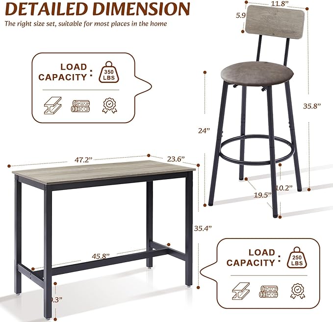 Dining Table Set for 4 Bar Table and Chairs Set, Industrial Counter Height Bar Table Set with 4 PU Upholstered Seat Stools with Backrest & Footrest, for Home & Kitchen Breakfast, Grey - LeafyLoom
