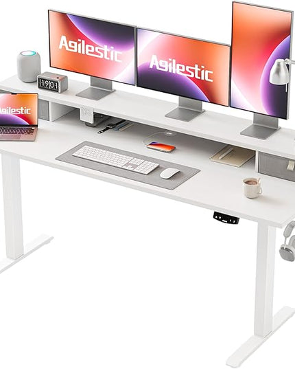 63 x 24 Inches Electric Standing Desk with 2 Storage Drawers, Stand Up Desk Adjustable Height, Sit and Stand Computer Table with Splice Board, White - LeafyLoom